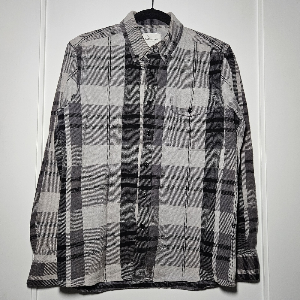 Saturdays Surf NYC Flannel Shirt Men's Gray Plaid Button Down Cotton Sz Medium